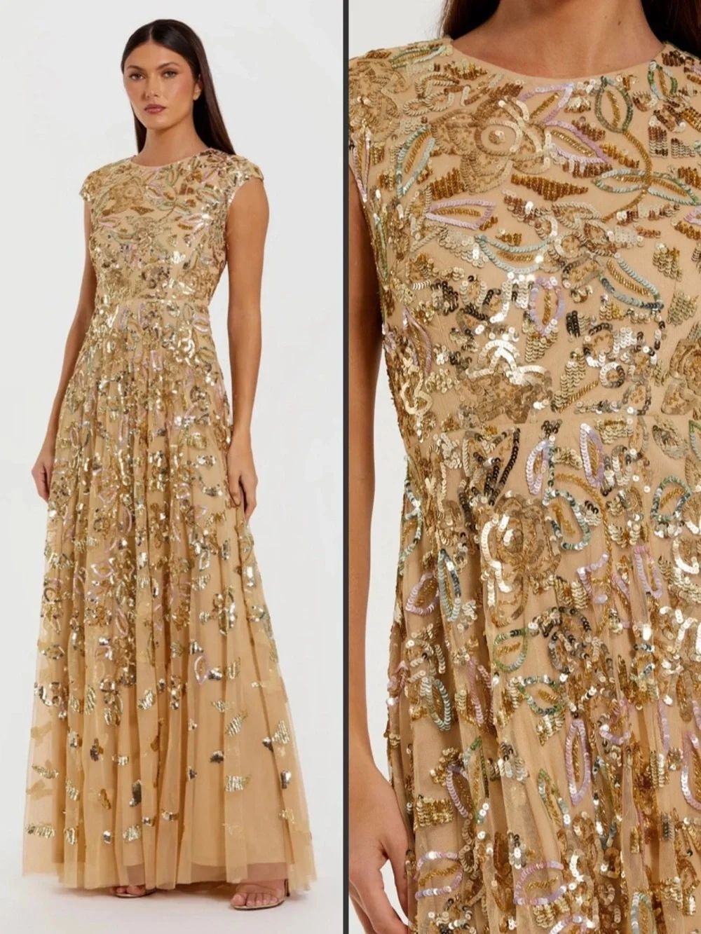 NWT MAC DUGGAL Gold Sequin High Neck Cap Sleeve A Line Gown Size 16